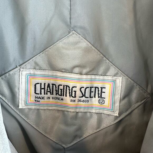 Vintage 80s Changing Scene Silver Nylon Raincoat Belted Trench Coat 12 L Large - Picture 10 of 13